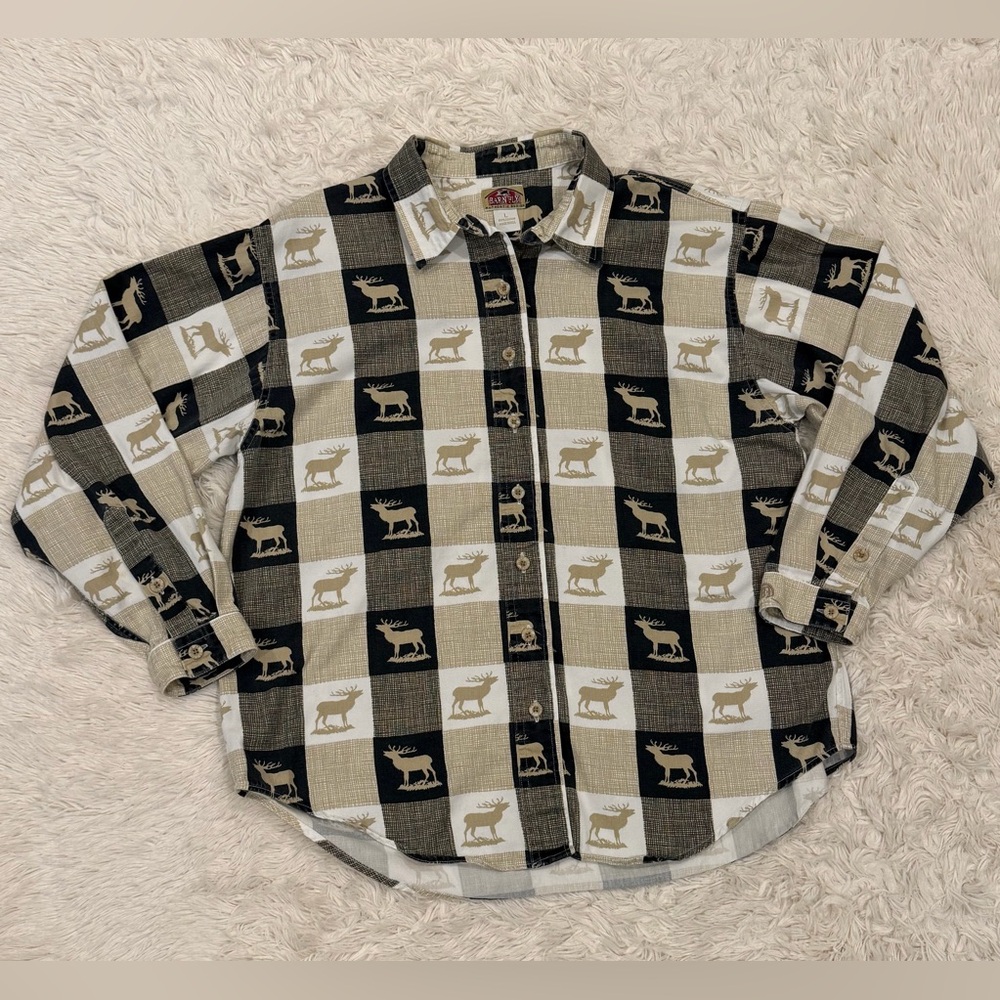 Vintage Barn Fly Men’s Elk Print Button Up Shirt Large Deer Lodge Western Cotton
